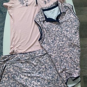 3 Piece Golf Set, sleeveless shirt, zip up shirt, golf skirt with zip pockets.